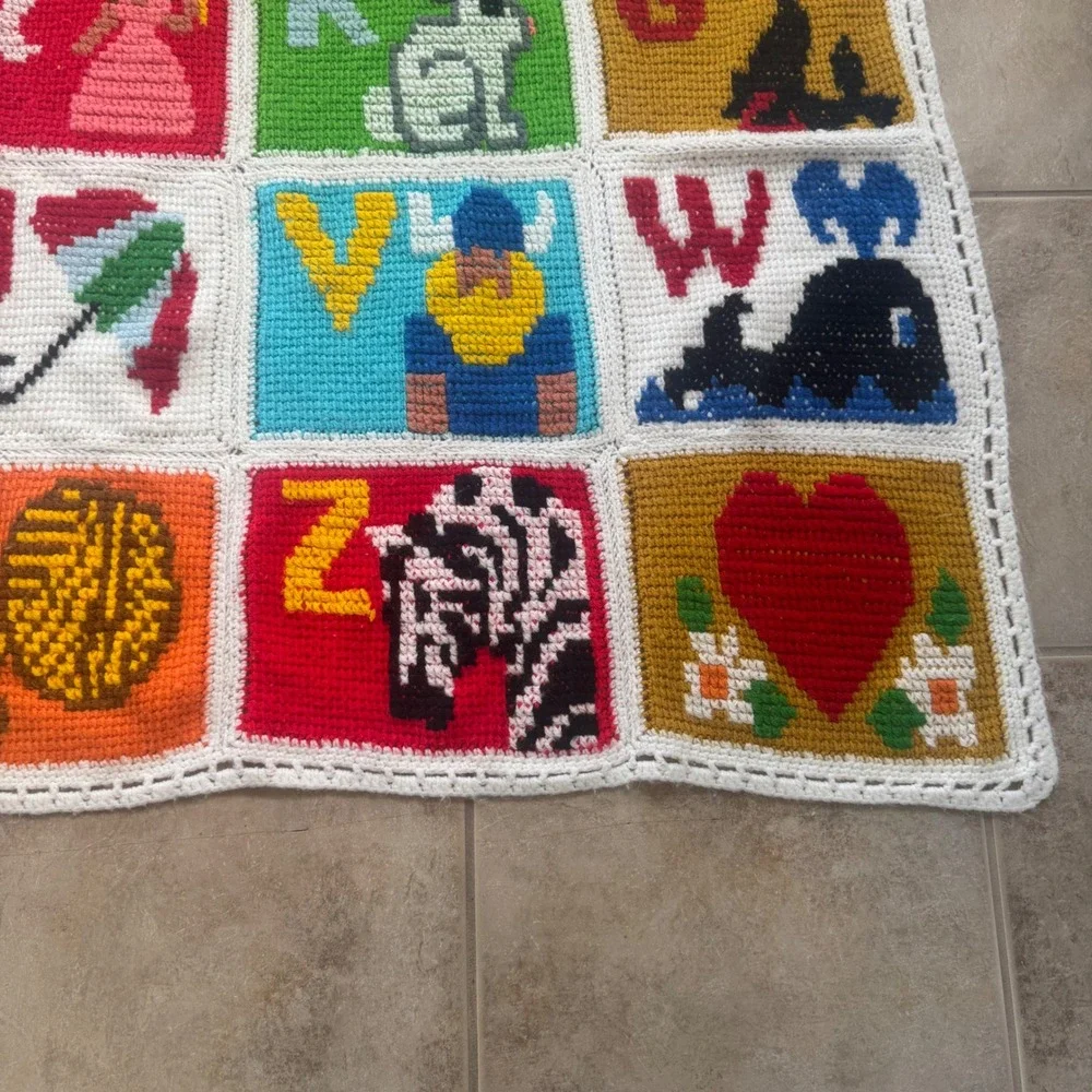Vintage Handmade Crochet Alphabet ABC Animals Nursery Throw Blanket 41x60